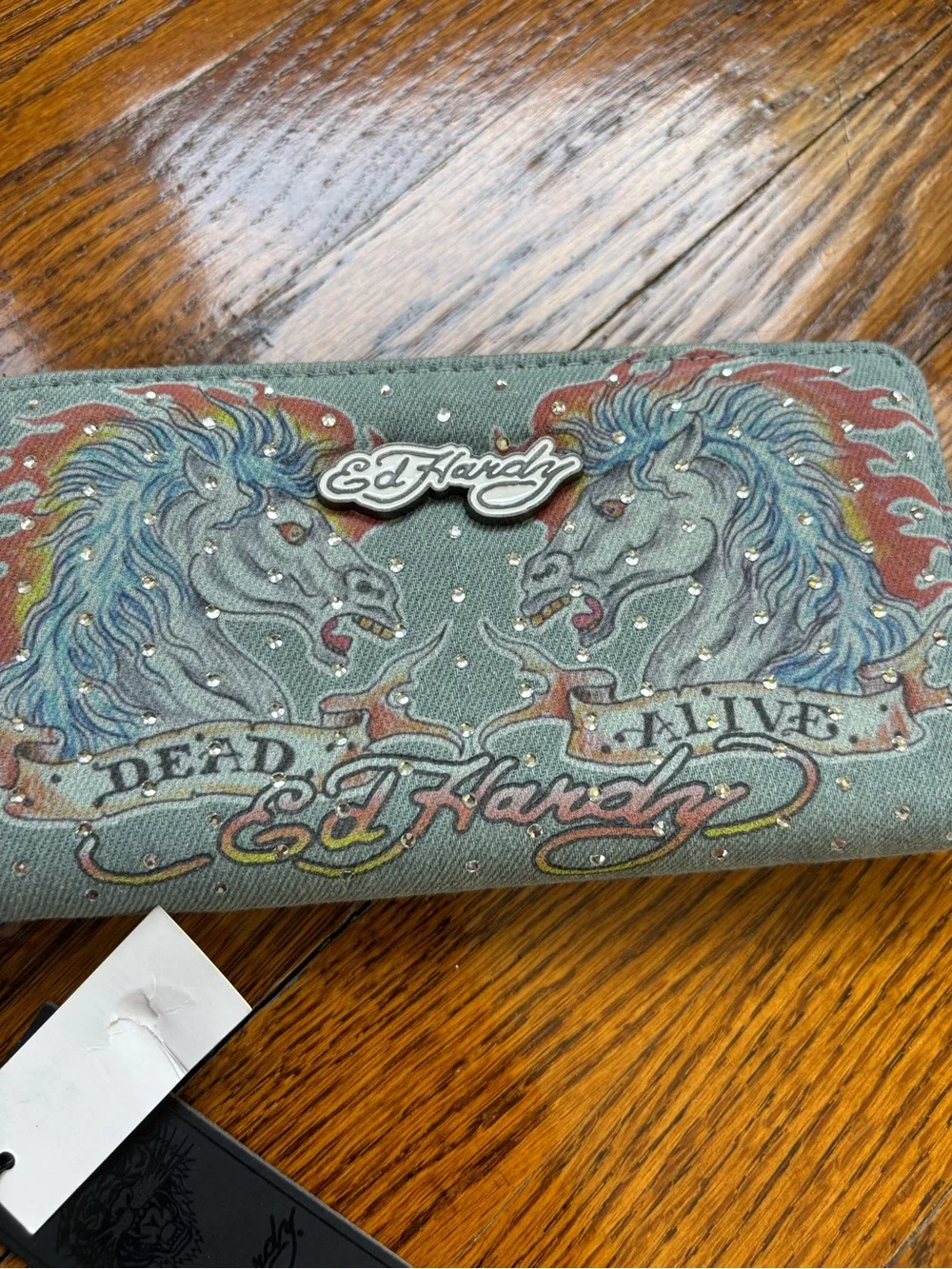 Ed Hardy Blue Graphic Lion Zip Wallet with Wrist Strap